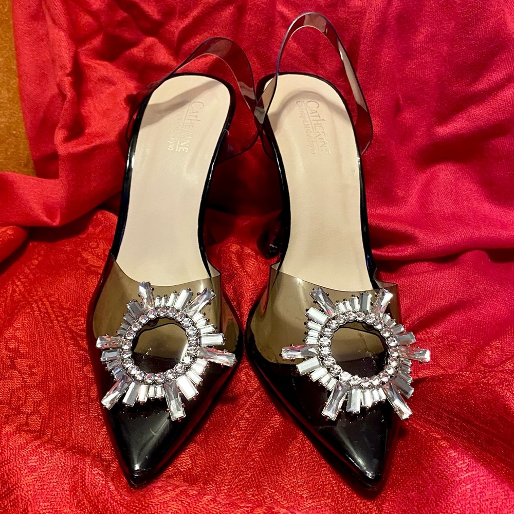 Courtney Black Patent Slingback Pumps with Crystal Medallion